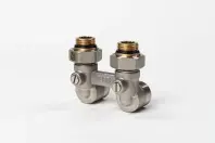 Пара шаровых кранов РЕХАУ с соед. нип. G 1/2xG 3/4, угловой (никелирован.)